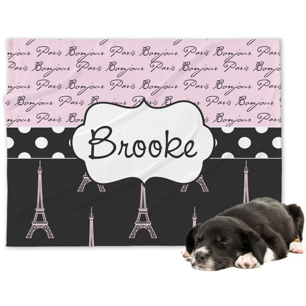 Custom Paris Bonjour and Eiffel Tower Dog Blanket - Large (Personalized)