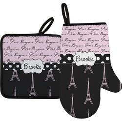 Paris Bonjour and Eiffel Tower Oven Mitt & Pot Holder Set w/ Name or Text