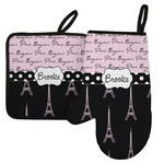 Paris Bonjour and Eiffel Tower Left Oven Mitt & Pot Holder Set w/ Name or Text