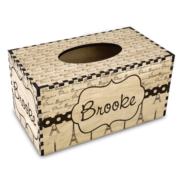 Custom Paris Bonjour and Eiffel Tower Wood Tissue Box Cover - Rectangle (Personalized)