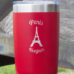 Paris Bonjour and Eiffel Tower 20 oz Stainless Steel Tumbler - Red - Double Sided (Personalized)