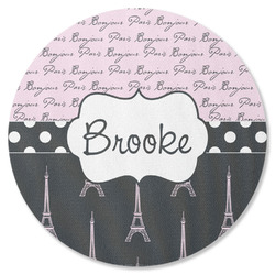 Paris Bonjour and Eiffel Tower Round Rubber Backed Coaster (Personalized)