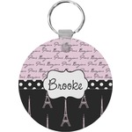 Paris Bonjour and Eiffel Tower Round Plastic Keychain (Personalized)