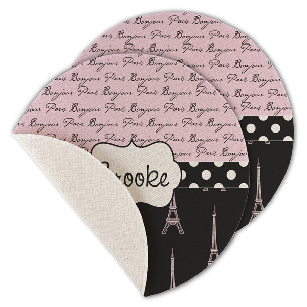 Custom Paris Bonjour and Eiffel Tower Round Linen Placemat - Single Sided - Set of 4 (Personalized)