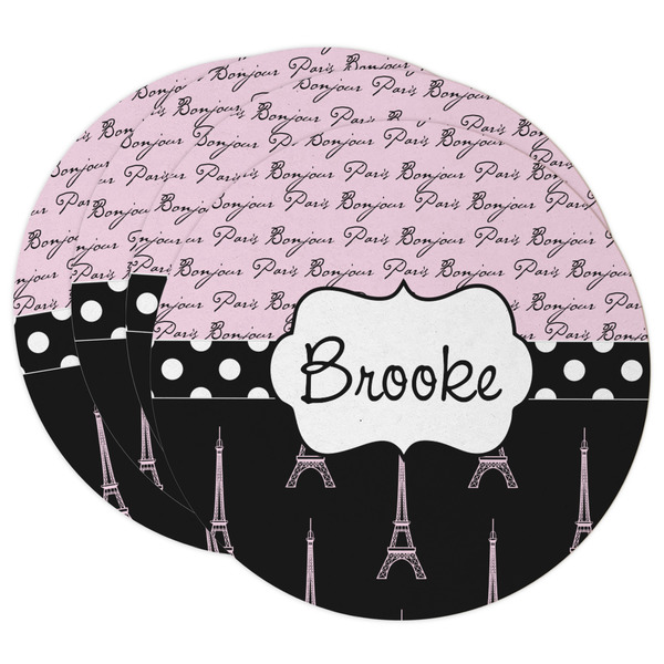 Custom Paris Bonjour and Eiffel Tower Round Paper Coasters w/ Name or Text