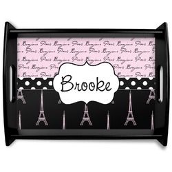 Paris Bonjour and Eiffel Tower Black Wooden Tray - Large (Personalized)