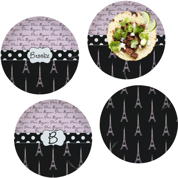 Custom Paris Bonjour and Eiffel Tower Set of 4 Glass Lunch / Dinner Plate 10" (Personalized)