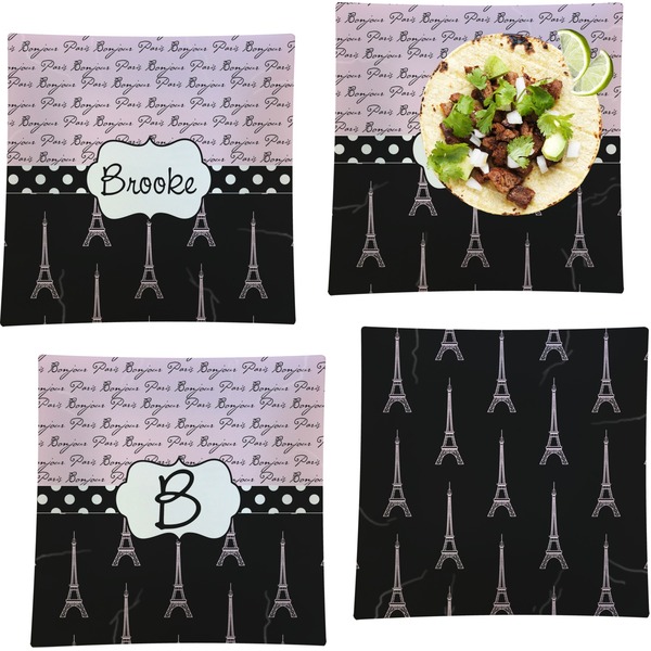 Custom Paris Bonjour and Eiffel Tower Set of 4 Glass Square Lunch / Dinner Plate 9.5" (Personalized)