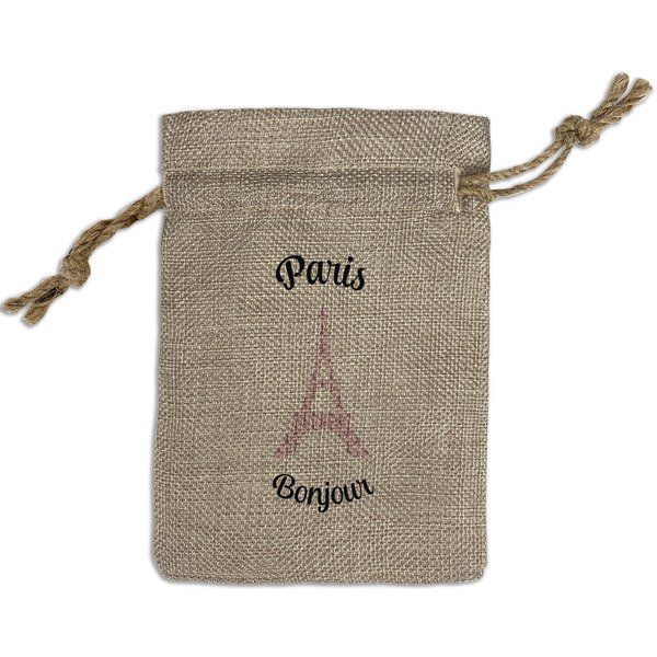 Custom Paris Bonjour and Eiffel Tower Small Burlap Gift Bag - Front (Personalized)