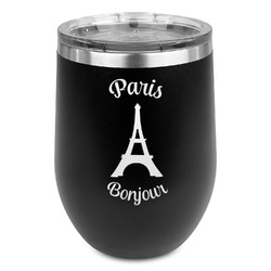 Paris Bonjour and Eiffel Tower Stemless Stainless Steel Wine Tumbler - Black - Single Sided (Personalized)