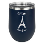 Paris Bonjour and Eiffel Tower Stemless Stainless Steel Wine Tumbler - Navy - Double Sided (Personalized)