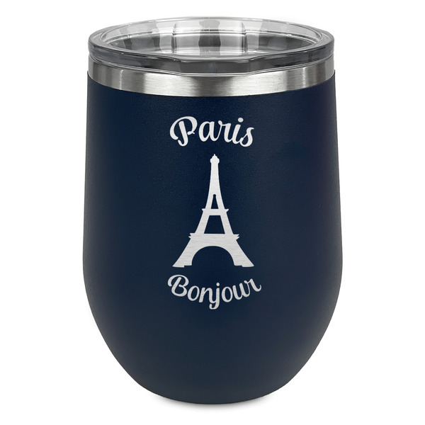 Custom Paris Bonjour and Eiffel Tower Stemless Stainless Steel Wine Tumbler - Navy - Double Sided (Personalized)