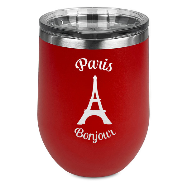 Custom Paris Bonjour and Eiffel Tower Stemless Stainless Steel Wine Tumbler - Red - Double Sided (Personalized)