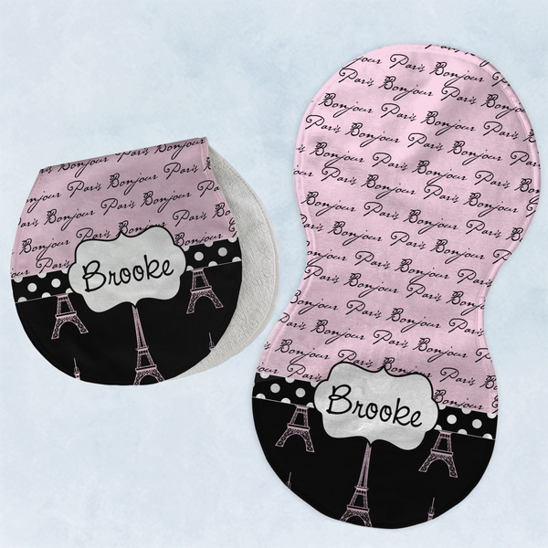 Custom Paris Bonjour and Eiffel Tower Burp Pads - Velour - Set of 2 w/ Name or Text