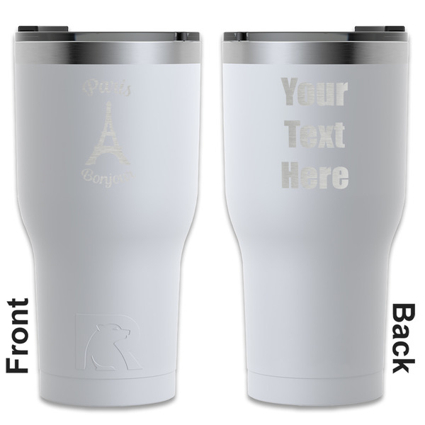 Custom Paris Bonjour and Eiffel Tower RTIC Tumbler - White - Engraved Front & Back (Personalized)