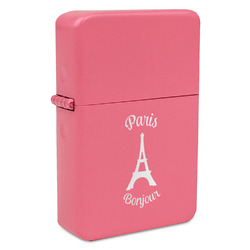 Paris Bonjour and Eiffel Tower Windproof Lighter - Pink - Double Sided & Lid Engraved (Personalized)