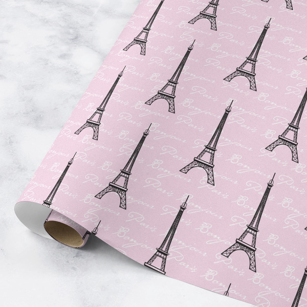 Custom Paris Bonjour and Eiffel Tower Wrapping Paper Roll - Medium - Matte