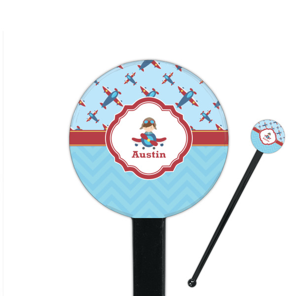 Custom Airplane Theme 7" Round Plastic Stir Sticks - Black - Double Sided (Personalized)