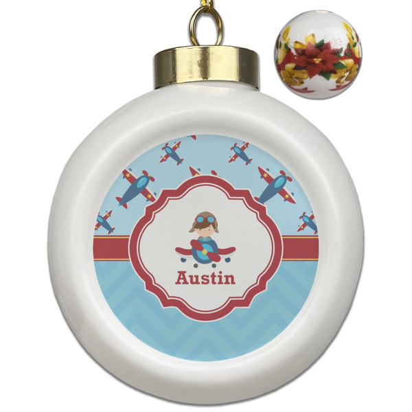 Custom Airplane Theme Ceramic Ball Ornaments - Poinsettia Garland (Personalized)