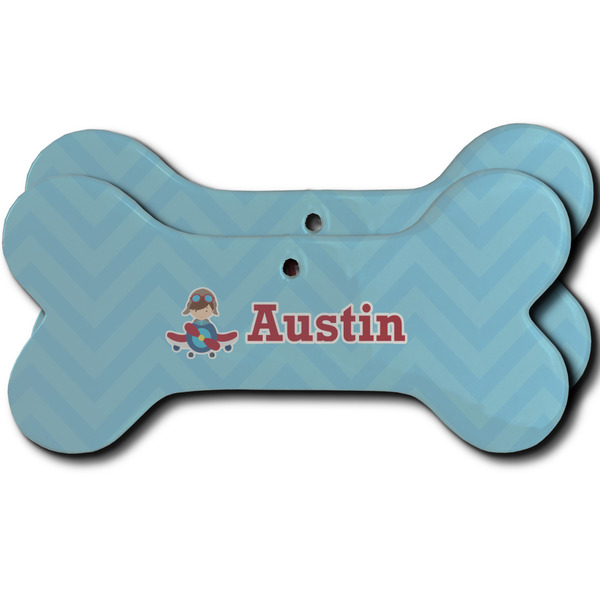 Custom Airplane Theme Ceramic Dog Ornament - Front & Back w/ Name or Text