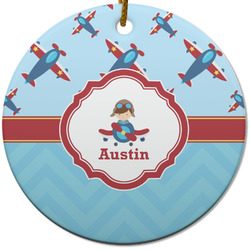 Airplane Theme Round Ceramic Ornament w/ Name or Text