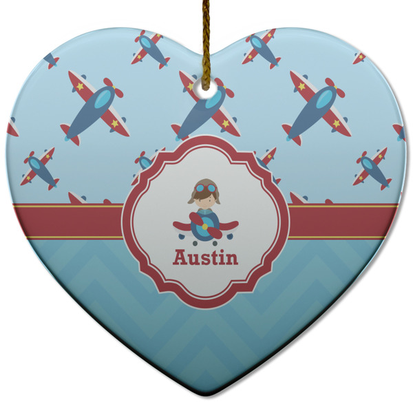 Custom Airplane Theme Heart Ceramic Ornament w/ Name or Text