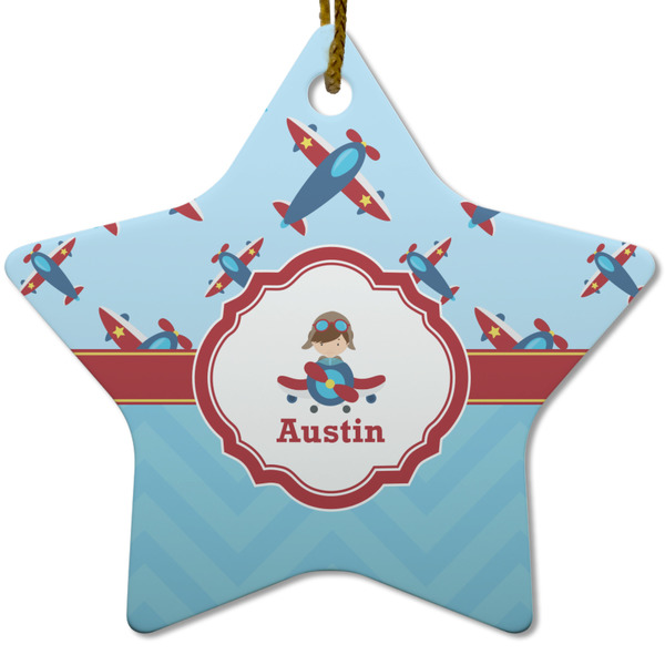 Custom Airplane Theme Star Ceramic Ornament w/ Name or Text