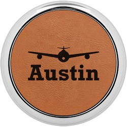 Airplane Theme Set of 4 Leatherette Round Coasters w/ Silver Edge (Personalized)