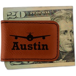 Airplane Theme Leatherette Magnetic Money Clip - Single Sided (Personalized)