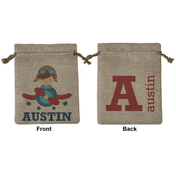 Custom Airplane Theme Medium Burlap Gift Bag - Front & Back (Personalized)