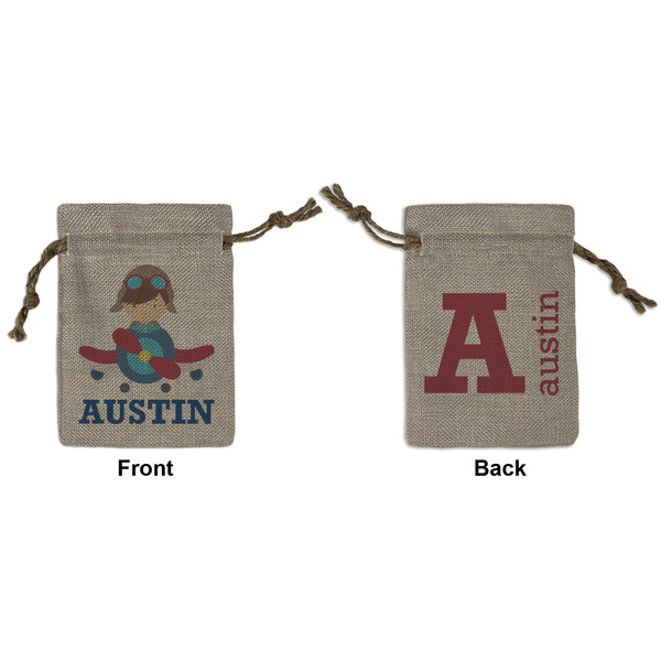 Custom Airplane Theme Small Burlap Gift Bag - Front & Back (Personalized)