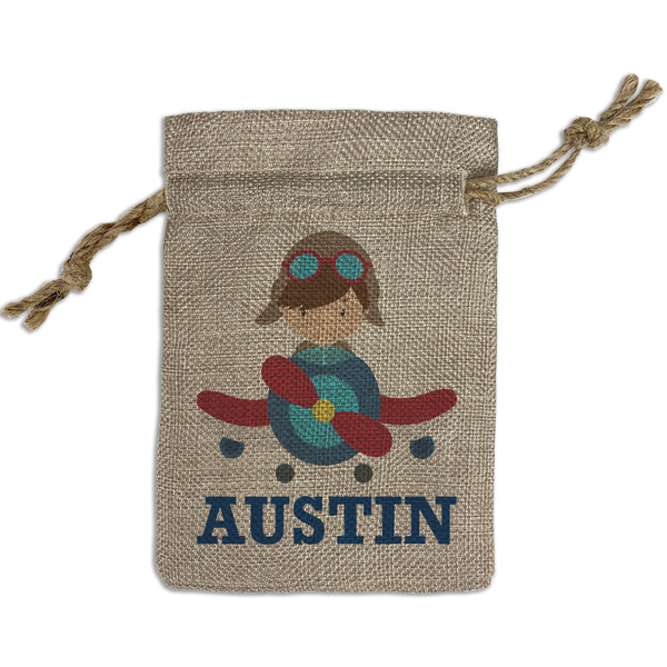 Custom Airplane Theme Small Burlap Gift Bag - Front (Personalized)