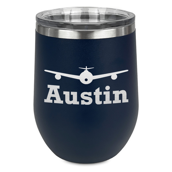 Custom Airplane Theme Stemless Stainless Steel Wine Tumbler - Navy - Double Sided (Personalized)