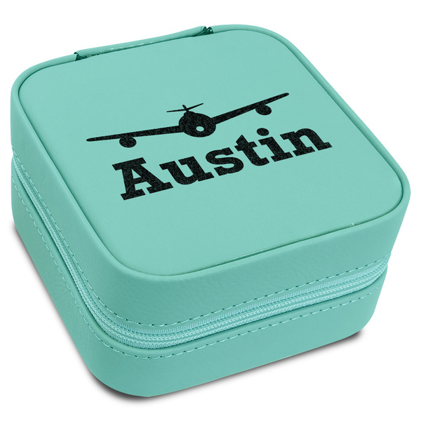 Custom Airplane Theme Travel Jewelry Box - Teal Leather (Personalized)