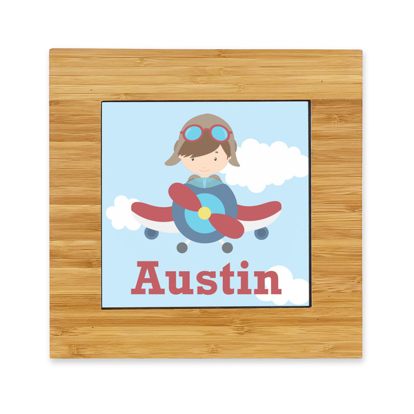 Custom Airplane & Pilot Bamboo Trivet with Ceramic Tile Insert (Personalized)