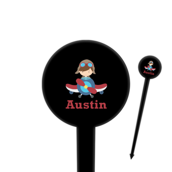 Custom Airplane & Pilot 4" Round Plastic Food Picks - Black - Single Sided (Personalized)