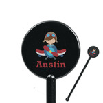 Airplane & Pilot 5.5" Round Plastic Stir Sticks - Black - Single Sided (Personalized)