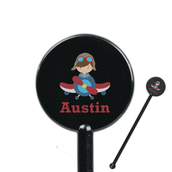 Custom Airplane & Pilot 5.5" Round Plastic Stir Sticks - Black - Single Sided (Personalized)