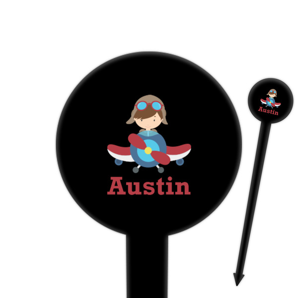 Custom Airplane & Pilot 6" Round Plastic Food Picks - Black - Double Sided (Personalized)