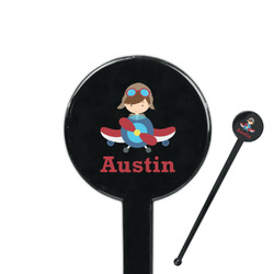 Airplane & Pilot 7" Round Plastic Stir Sticks - Black - Double Sided (Personalized)