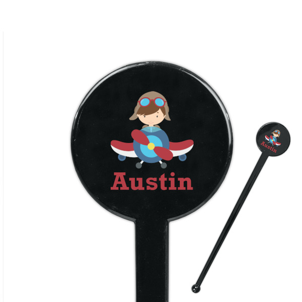 Custom Airplane & Pilot 7" Round Plastic Stir Sticks - Black - Single Sided (Personalized)