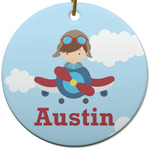 Airplane & Pilot Round Ceramic Ornament w/ Name or Text