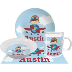 Airplane & Pilot Dinner Set - Single 4 Pc Setting w/ Name or Text