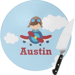 Airplane & Pilot Round Glass Cutting Board - Medium (Personalized)