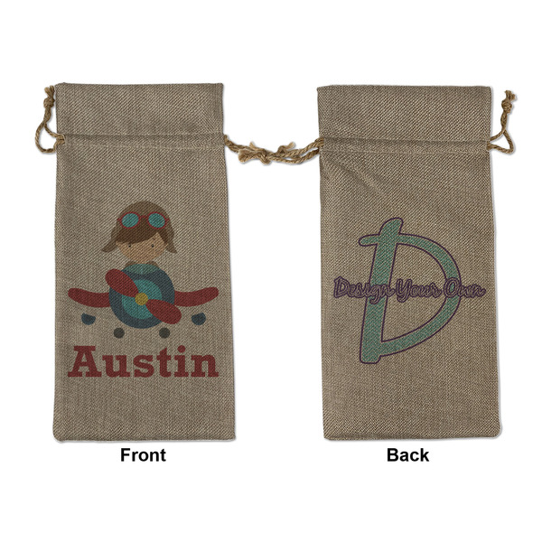 Custom Airplane & Pilot Large Burlap Gift Bag - Front & Back (Personalized)