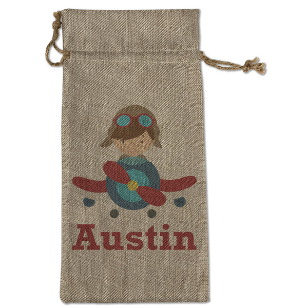 Custom Airplane & Pilot Large Burlap Gift Bag - Front (Personalized)