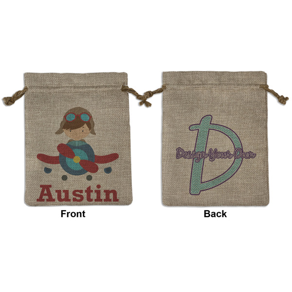 Custom Airplane & Pilot Medium Burlap Gift Bag - Front & Back (Personalized)