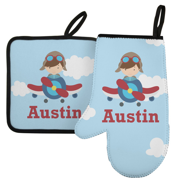 Custom Airplane & Pilot Left Oven Mitt & Pot Holder Set w/ Name or Text