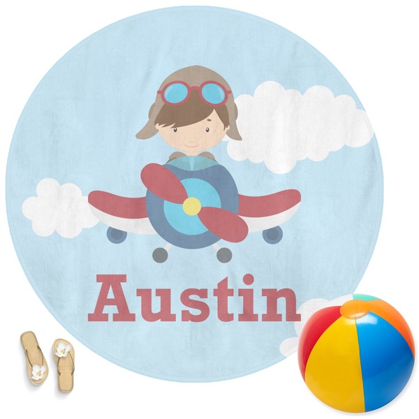 Custom Airplane & Pilot Round Beach Towel (Personalized)