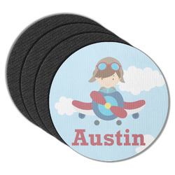 Airplane & Pilot Round Rubber Backed Coasters - Set of 4 (Personalized)